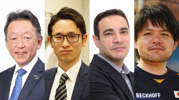 左から安川電機の岡久学事業部長、Mujinの滝野一征CEO、ボーイングジャパンのハテム・アブデルハミード氏、スクランブルの川節拓実代表理事の写真